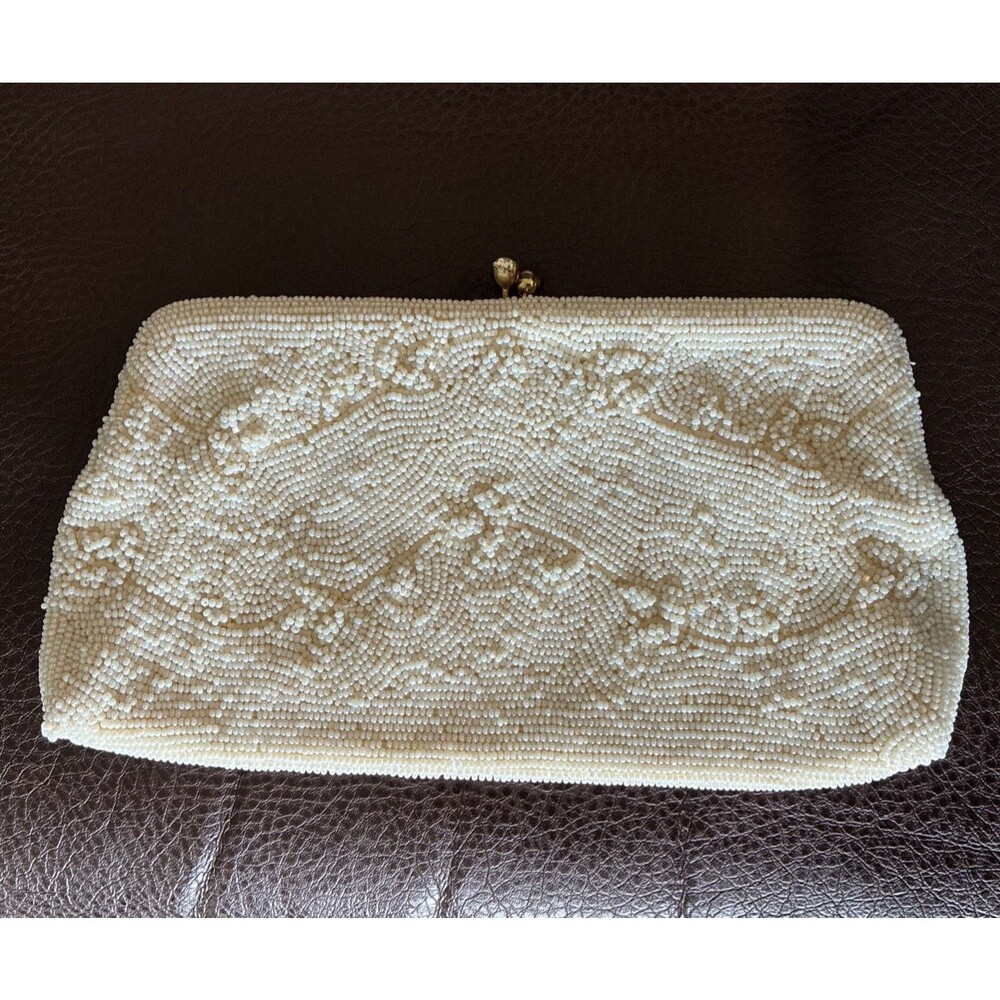 Vintage 50s Beaded Evening Purse Bag Clutch White Seed Pearls Hand Made in Japan